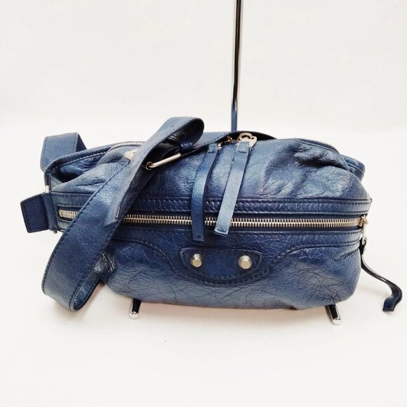 $1569 Authentic BALENCIAGA Made in ITALY Unisex Blue Leather Waist Sling Bag - Picture 1 of 12